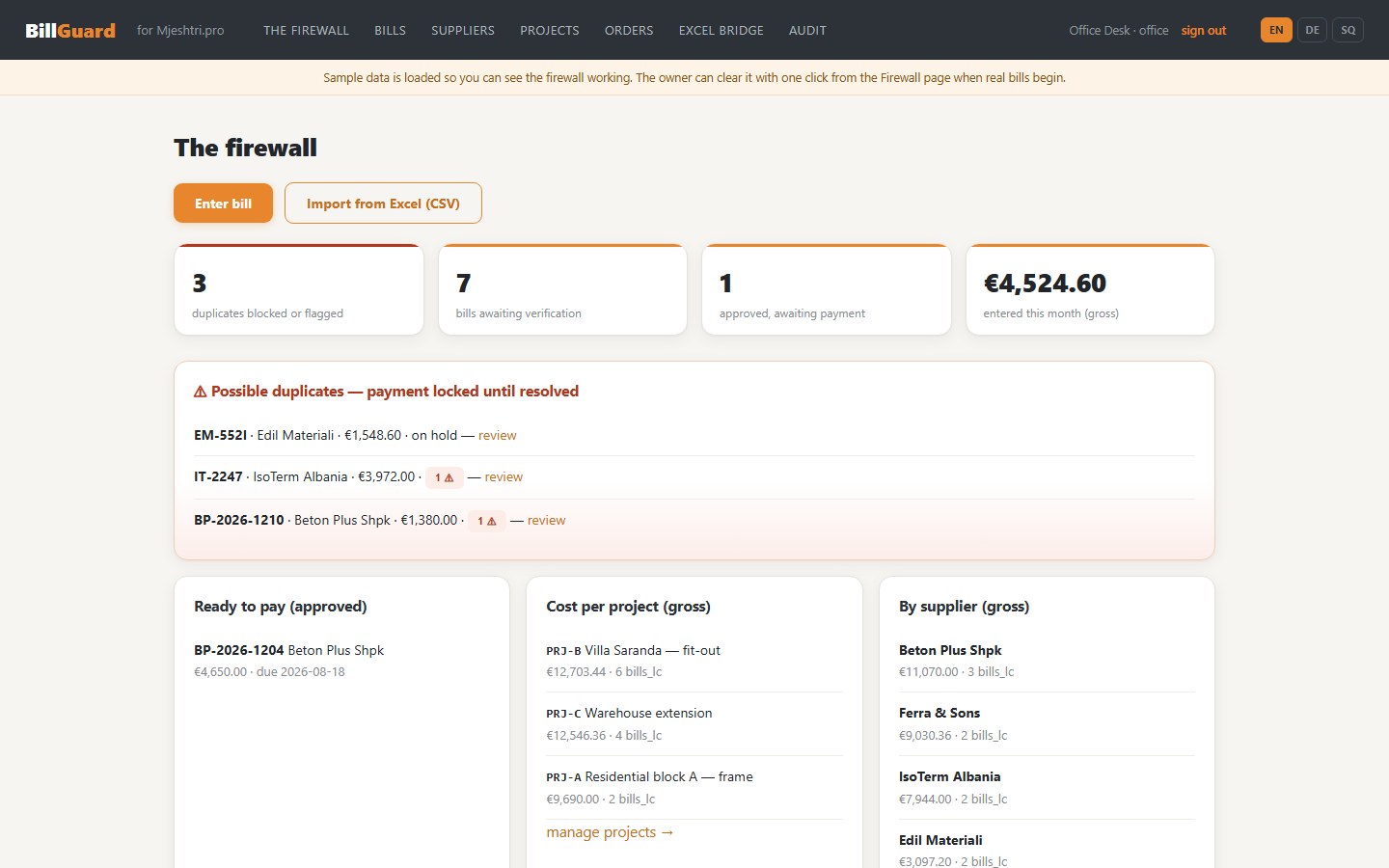 BillGuard supplier-bill firewall for construction built by DevSyx Team, shown with demonstration data